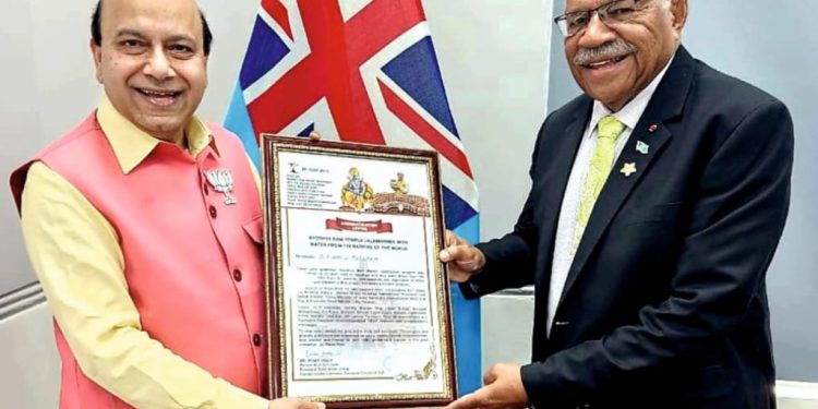 Fiji PM, DPM honoured by BJP leader Dr. Jolly for Ayodhya Ram Mandir